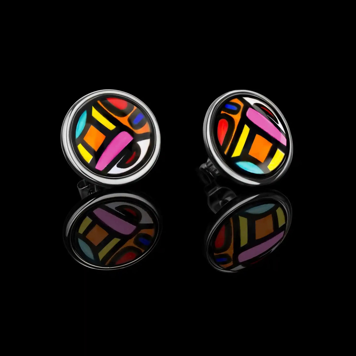 White gold studs with the painting of Friedensreich Hundertwasser's "Spanish Nights"