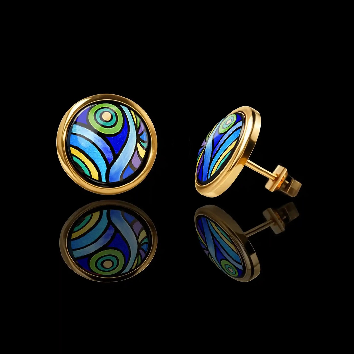 Yellow gold studs with the painting of Van Gogh's "Starry Night"