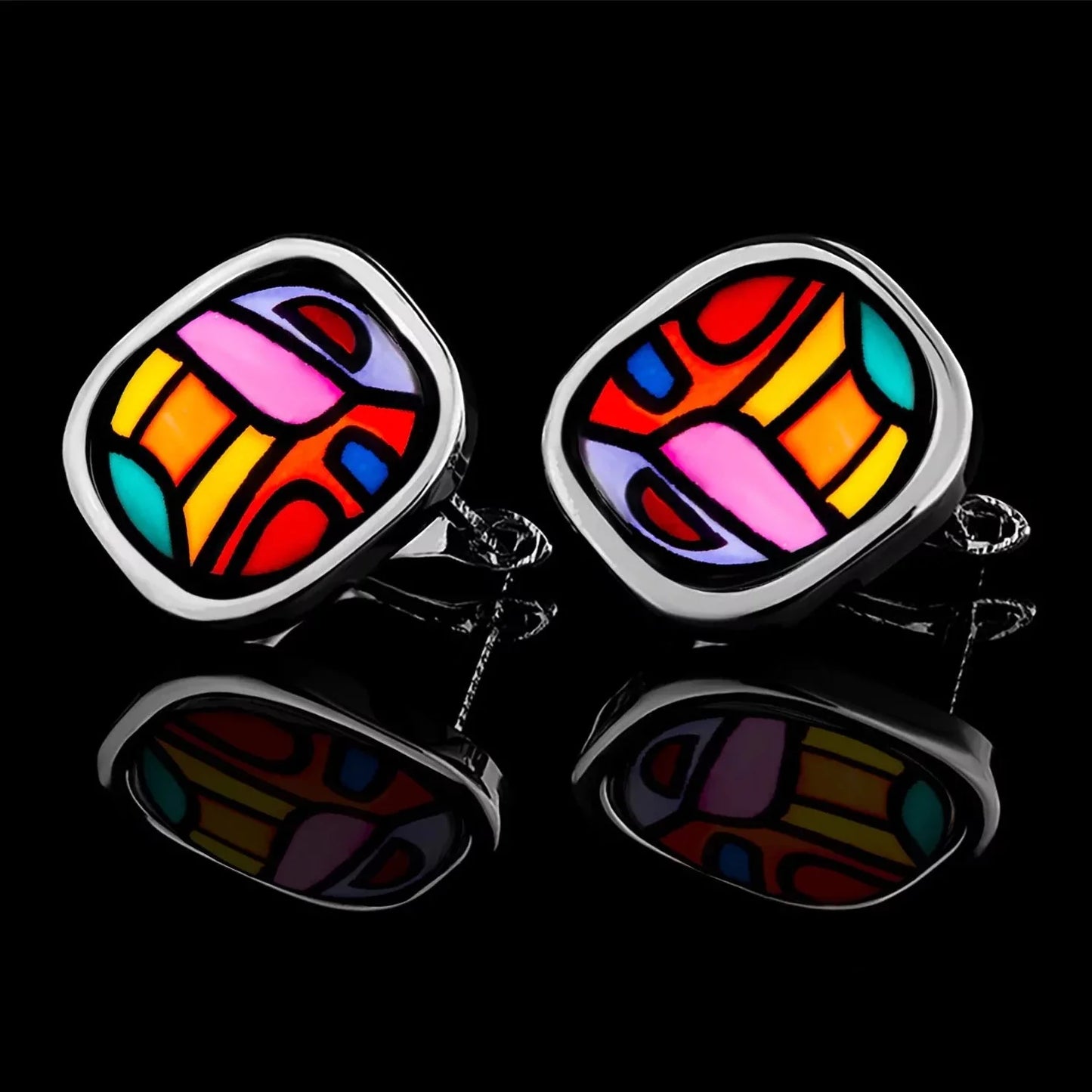 White gold earrings with the painting of Friedensreich Hundertwasser's "Spanish Nights"